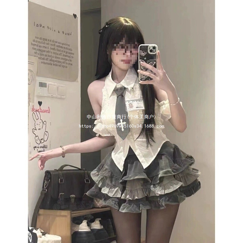 College Style Sexy Off-Shoulder Jk Uniform White Shirt Top Gray Pleated Puffy Skirt Two-Piece Set