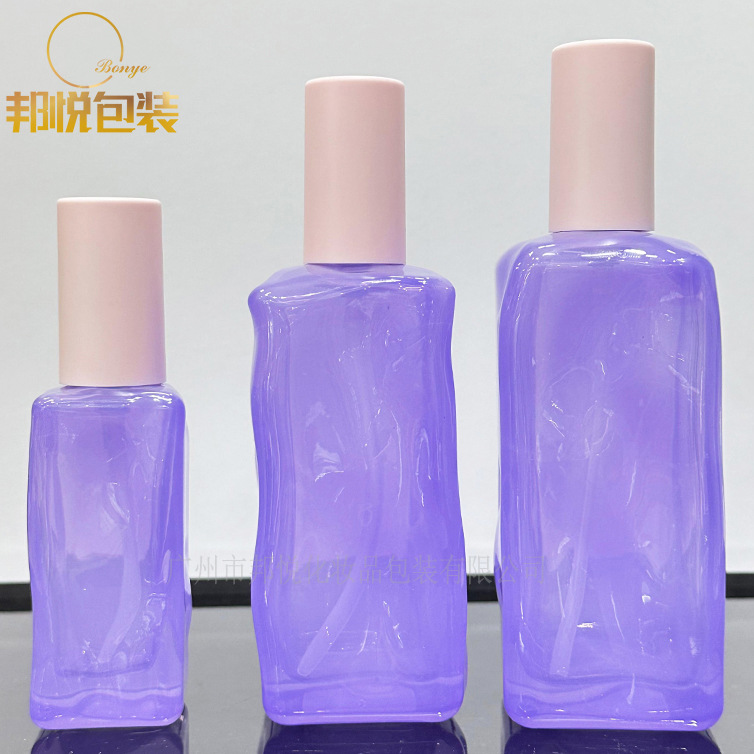 高档35/120/150ml粉色四方玻璃粉底液妆前乳液喷雾按压泵空瓶包材