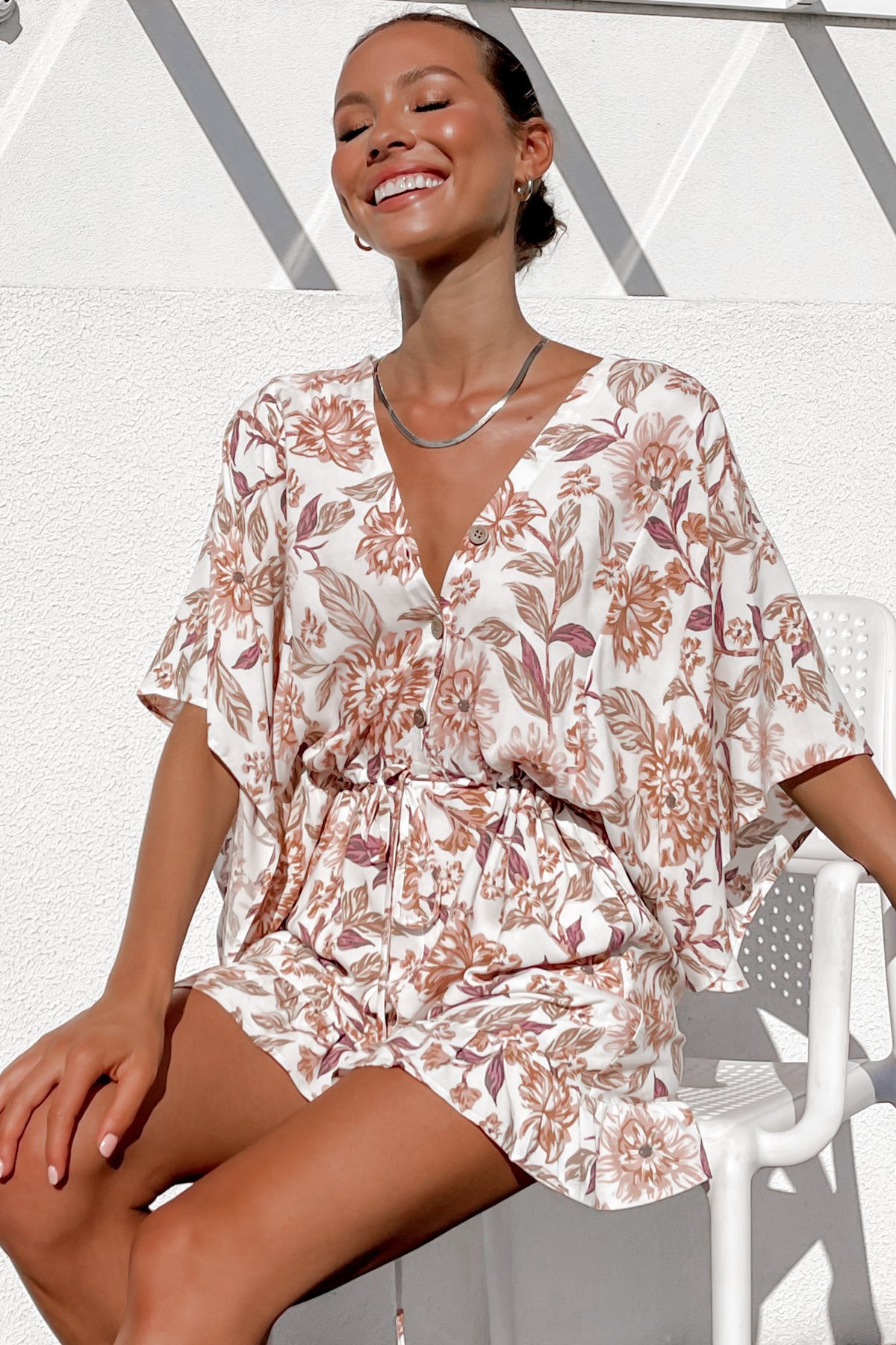 Summer Women Clothing Printed V Neck Ruffled Short Sleeves Loose Casual Jumpsuit