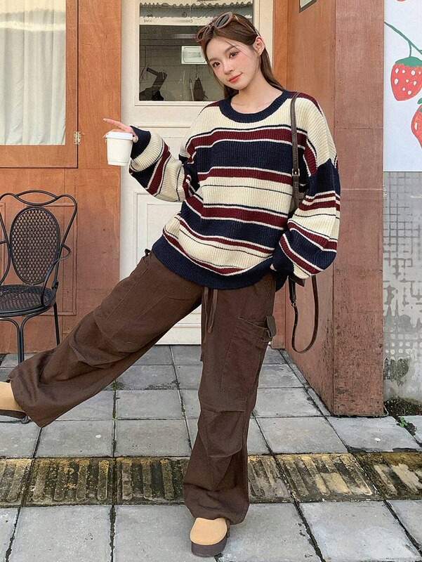 欧美跨境高街条纹毛衣女冬季复古休闲拼色圆领套头学生宽松针织衫|undefined