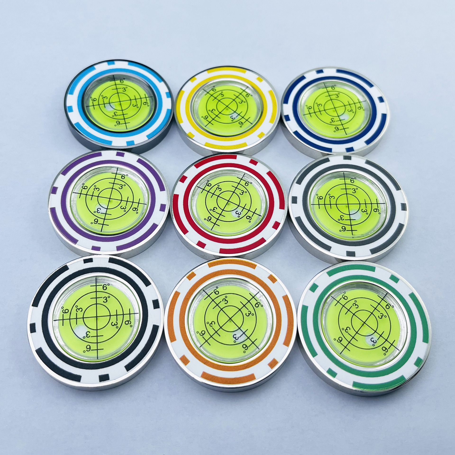 국경을 넘는 새로운 골프 제품 양면 UV 인쇄 녹색 슬로프 리더 레벨 게이지 금속 볼 위치 마커