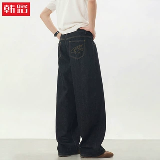 中缝拼接设计复古牛仔裤春季款撞色明线分割直筒宽松休闲长裤子q