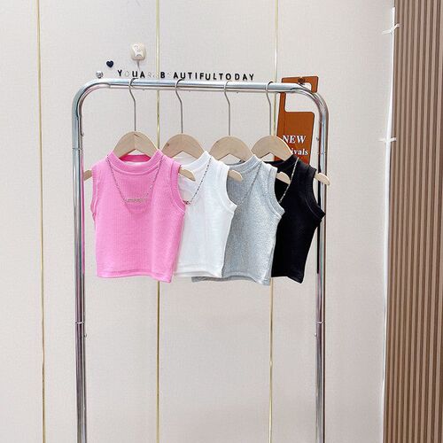 Ladies' Summer Tank Top T-Shirt for Kids, Baby Trendy Children's Personality Fashion Brand, Korean Version Necklace, Solid Color, Internet Famous Stylish Top