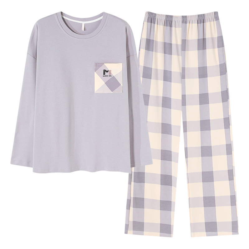 [100% algodón] pijamas de las mujeres de primavera y otoño de algodón puro con almohadilla en el pecho de manga larga ropa para el hogar traje de dos piezas se puede usar fuera dulce