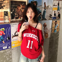レッドワンショルダー半袖レディース夏レタープリントアメリカンホットガールオフショルダーTシャツカジュアルルーズスリミングトップ