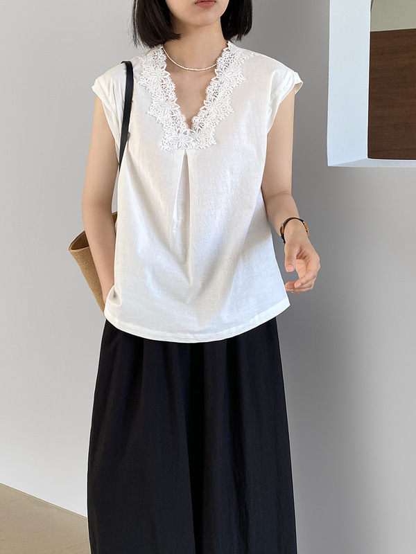 Jiangzuo 韓国スタイルのシンプルな気質ヘビーデューティレーススプライシングシャツ女性のための 2025 新しい多用途白シャツ 1605|undefined