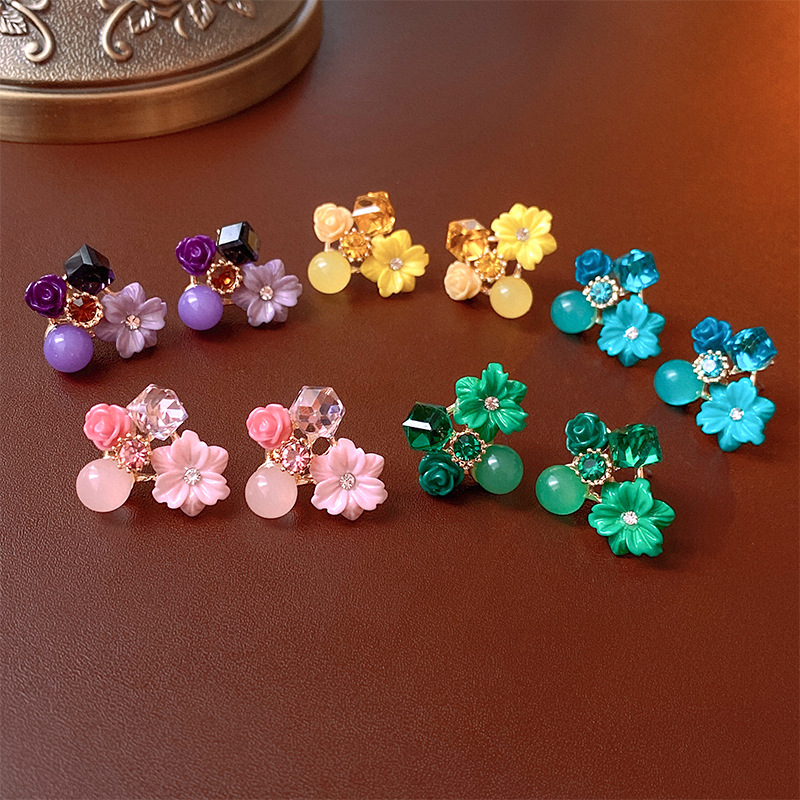 10g Weight 1 Pair Sweet Flower Plating Flowers Alloy Rhinestones Ear Studs