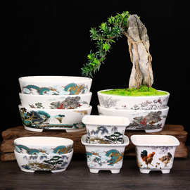 紫砂花盆腰圆小四方客厅彩绘贴画盆景盆北欧简约陶瓷石湾釉盆批发