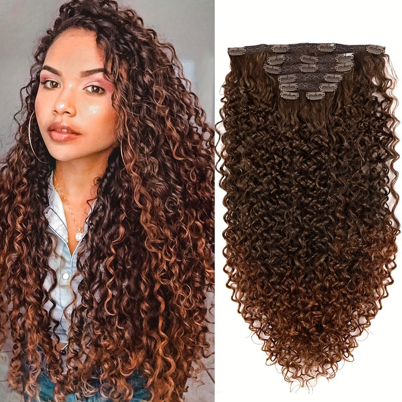 クロスボーダー热い贩売化繊カーラーヘアクリップヘアエクステKINKY CURLY Clip Insフルヘッドウィッグレディースブラックブラウン|undefined