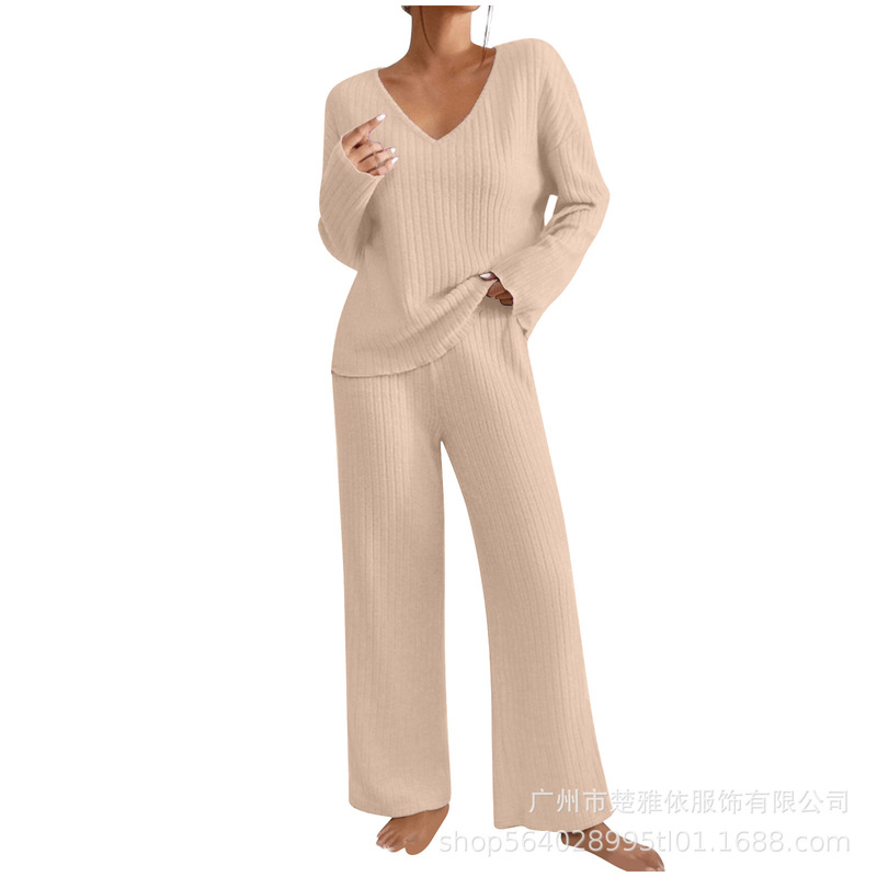 Cross-border Two-piece Women's 2024 Autumn New Fashion Casual Straight Pants Elegant Loose V-neck Pit Knitted Set