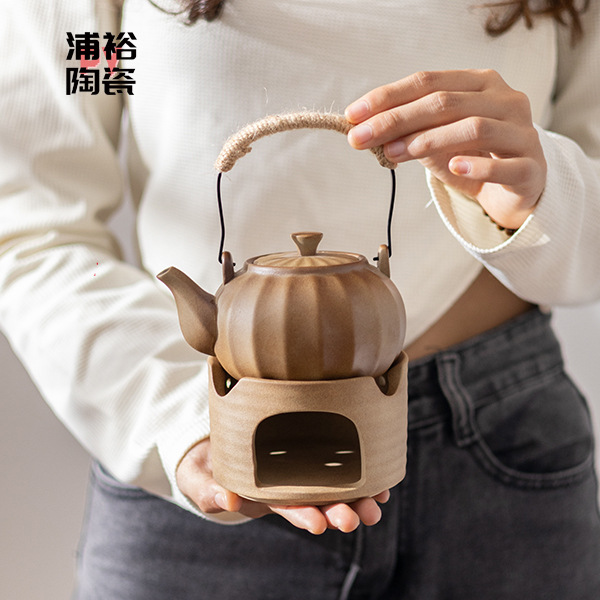 Vintage Hand-Carried Stoneware Kung Fu Tea Set with Teapot, Handle, and Loop for Warming Tea &ndash; Traditional Chinese Tea Brewing Kit