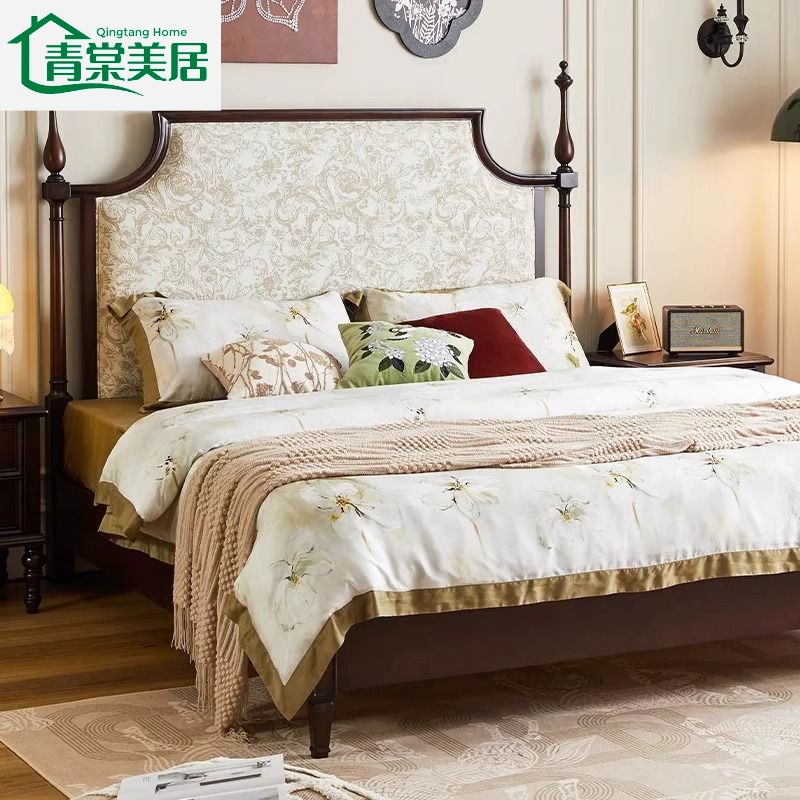 Vintage Solid Wood Upholstered Bed 1.8 Double 1.5 American Retro Cherry Wood French Anna Bed Light Luxury Bedroom Wedding Bed