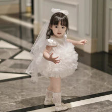 高端白色夏装女童周岁生日抓周花童婚纱礼服女宝公主裙短袖蓬蓬裙