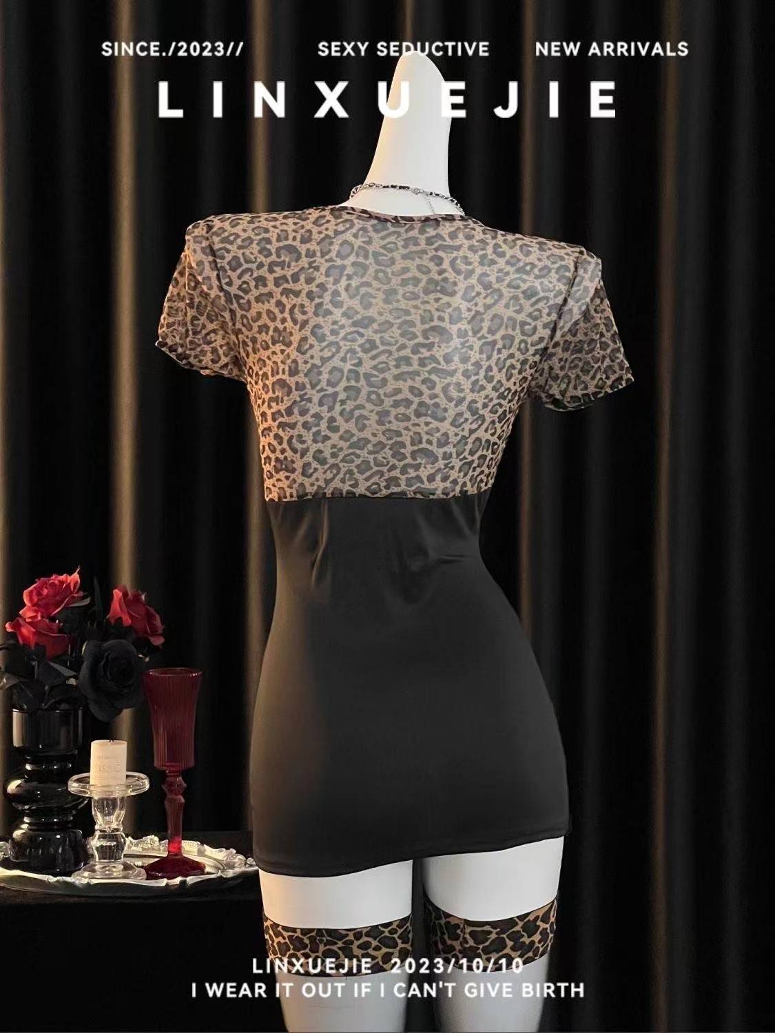 Leopard Print Deep V Lingerie Set with Lace-Up Top and Hip-Hugging Mini Skirt, One-Size Women’s Costume — detail image 3