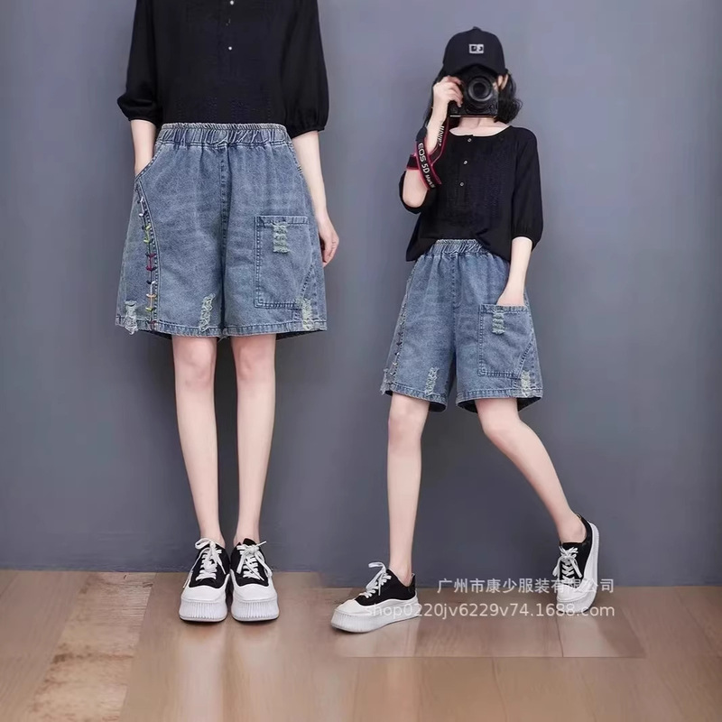 Plus-Size Women's Summer New Style Vintage Loose-Fitting Embroidered Versatile Ripped Denim Shorts Wholesale Plus-Size Women's Summer New Style Vintage Loose-Fitting Embroidered Versatile Ripped Denim Shorts Wholesale