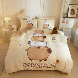 卡皮巴拉床上四件套牛奶绒被套男孩儿童卡通宿舍床品床单三件套