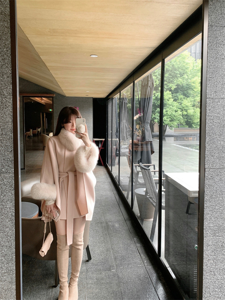 2025 秋と冬の新年マントショールスタイルフォックスファーハイエンド両面カシミヤコート女性のウールの毛皮のコート