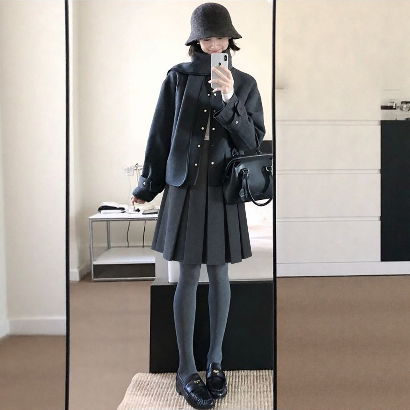 灰色羊毛呢半身裙女2026新款秋季高腰显瘦a字半裙中长款百褶短裙
