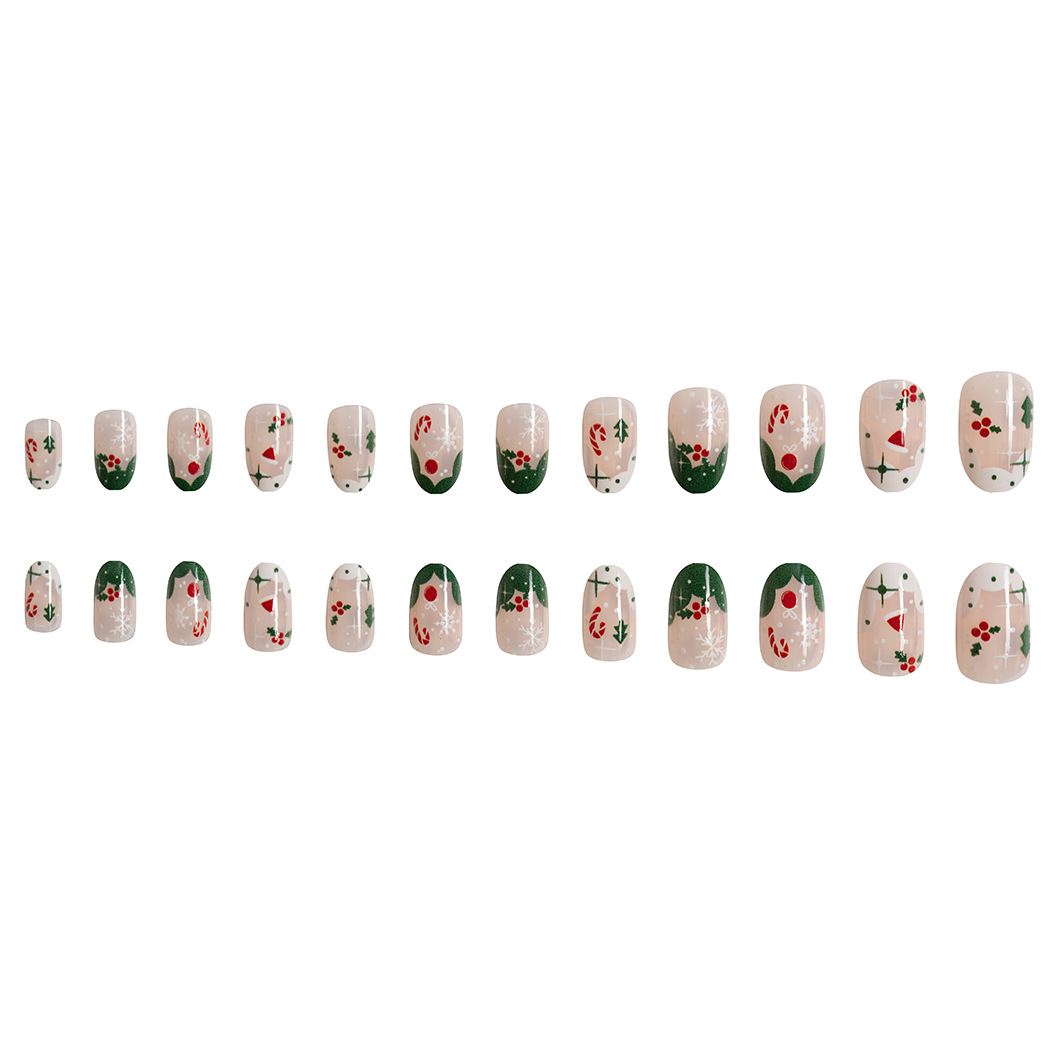 Short Christmas short round nail beauty piece Christmas gift snowflake sweet cool wear nail contrast color  nails 24 pieces_voghion.com