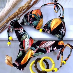 2023跨境歐美新款比基尼數碼印花性感系帶掛脖三角分體泳衣女批發