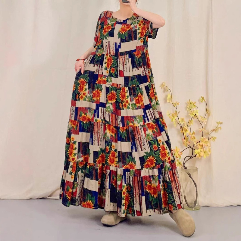 2025 Summer Cotton and Linen Blended Short Sleeve Patchwork Long Dress Loose Digital Print Women's Artistic Extended Dress
