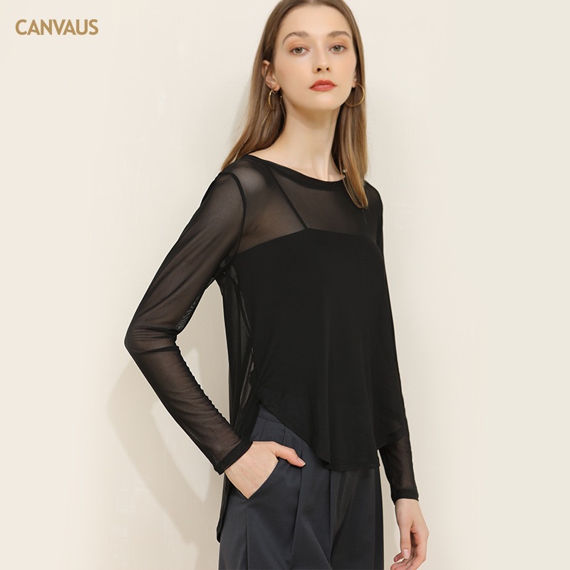 CANVAUS Mujeres Nuevo Otoño de manga larga suelta cuello redondo malla ahueca hacia fuera vestir prendas exteriores superior para las en stock venta al por mayor