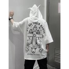 破洞短袖t恤男夏季欧美高街潮牌痞帅水洗做旧重磅连帽半袖体恤衫