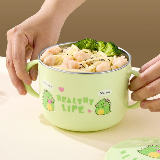 304 Stainless Steel Children's Bowl with Handle Baby Food Supplementary Household Double Layer Anti-scalding Heat Insulation Cute Cartoon Light Food Bowl