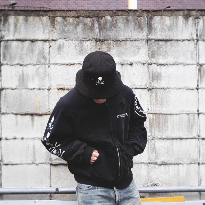 Jimo Grailz Project Skull Print Stitching Cut Washed Distressed Ripped Zipper Hooded Sweatshirt
