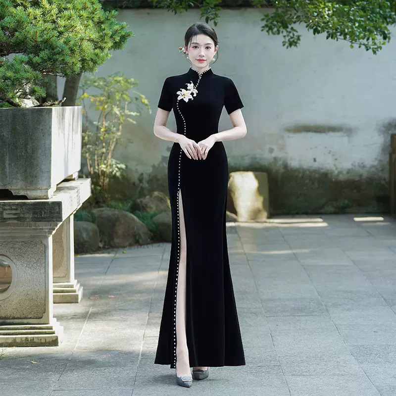 走秀旗袍2025新款珍珠丝绒修身形体礼仪服团队舞台改良走秀旗袍女