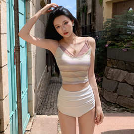 2026新款韩国高级感蕾丝网纱小胸分体保守高腰纯欲风游泳衣女泳装