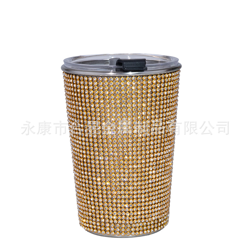 Taza de café incrustada en diamantes europea y americana nueva taza de paja de acero inoxidable 304 de una sola capa portátil taza de coche taza