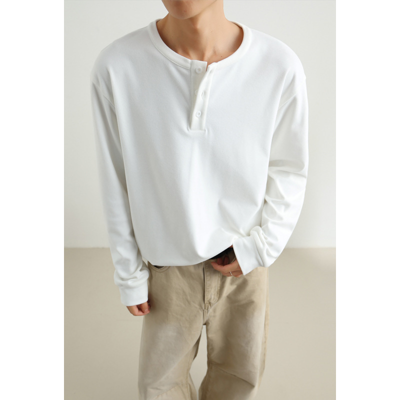 Solid Color American Style Henley Collar Sweatshirt For Men, Autumn Waffle Long Sleeve T-Shirt, High-End Cool Inner_voghion.com