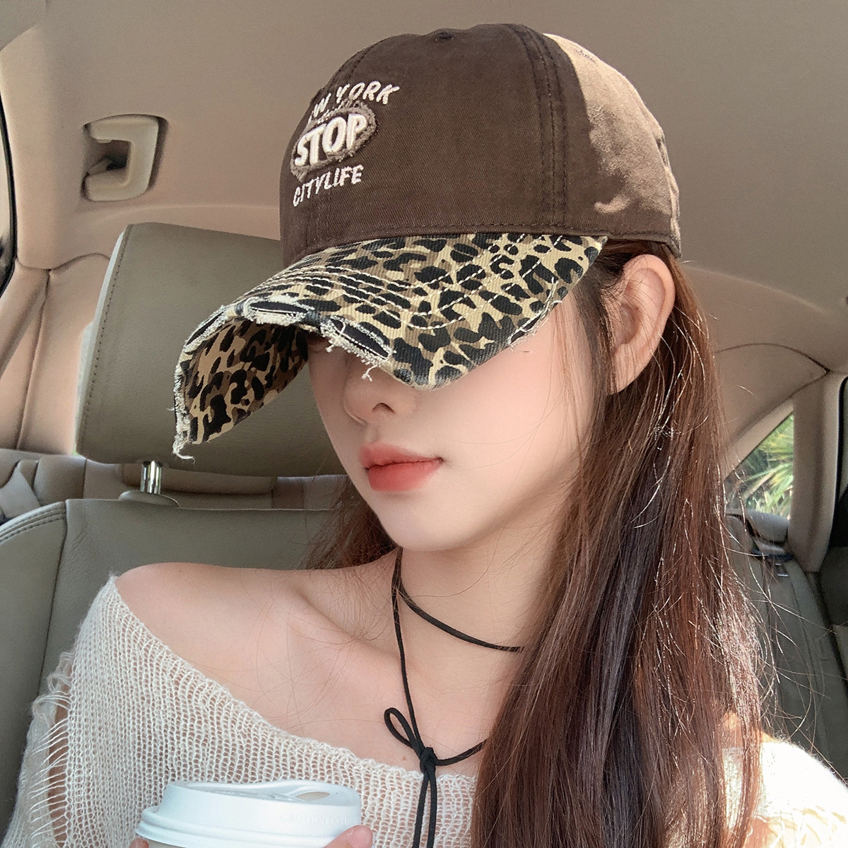 Korean Style Sweet Cool Trendy American Leopard Print Washed Baseball Cap for Women Trendy Brand Stop Embroidered Duckbill Cap