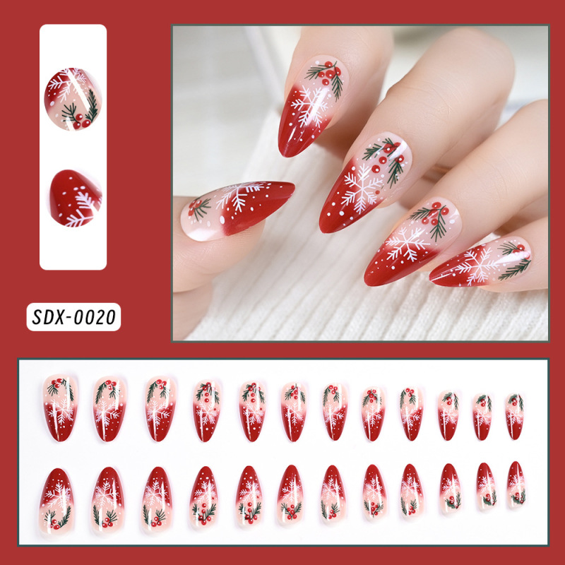 24 Pieces of Christmas Nails White Snowflake Fake Nails Almond Water Drop Glossy Wearable Manicure Patches Fake Nails
