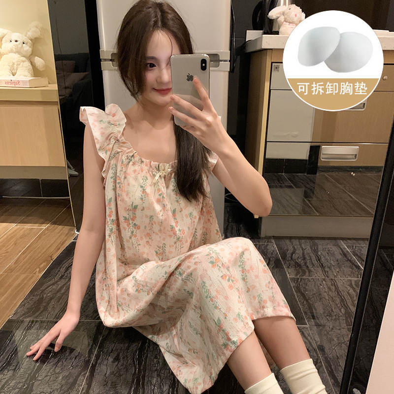 Pijama de verano, vestido de mujer, nuevo estilo con cojín de pecho, flores dulces, estudiantes, pijamas caseros, cabello de acento