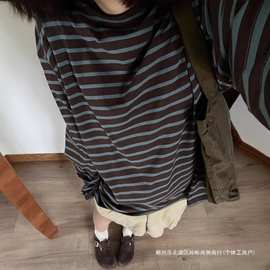 跨境美式复古条纹长袖t恤女慵懒风chic春秋打底衫宽松松弛感上衣
