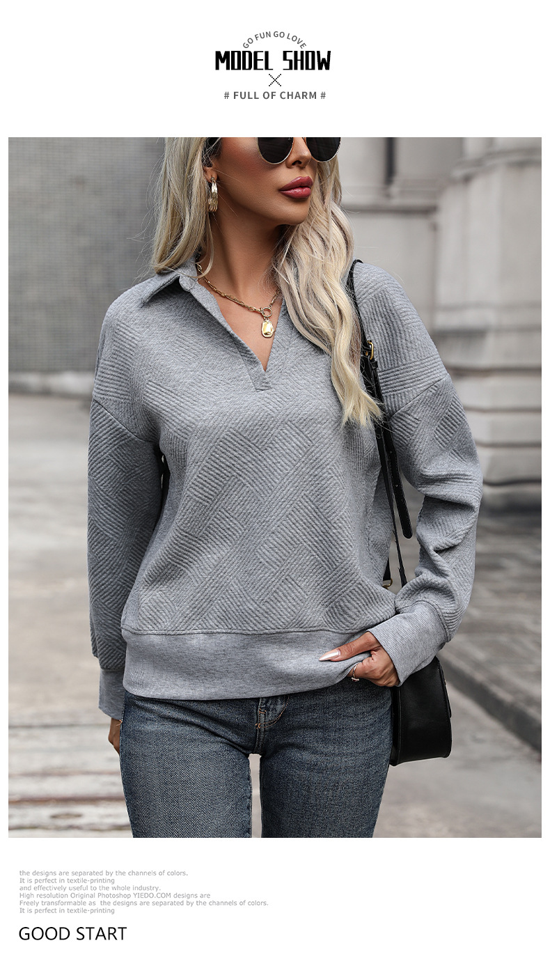 Sweat-shirt à revers d'automne pour femme, couleur unie, haut texturé, bouton décoré_voghion.com