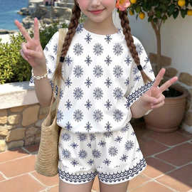 女童青花瓷花纹印花短袖 + 短裤两件套 夏季儿童休闲套装