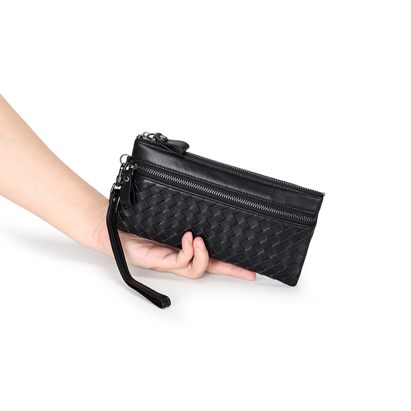 羊皮编织钱包长款女士拉链手拿包多功能手机包大容量手腕带包钱夹