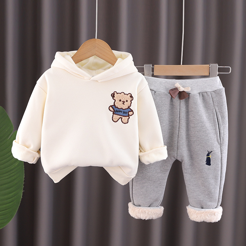 Winter pluche baby 2023 nieuwe cartoon jongens en meisjes trui met capuchon, tweedelige set kindersportkleding_voghion.com