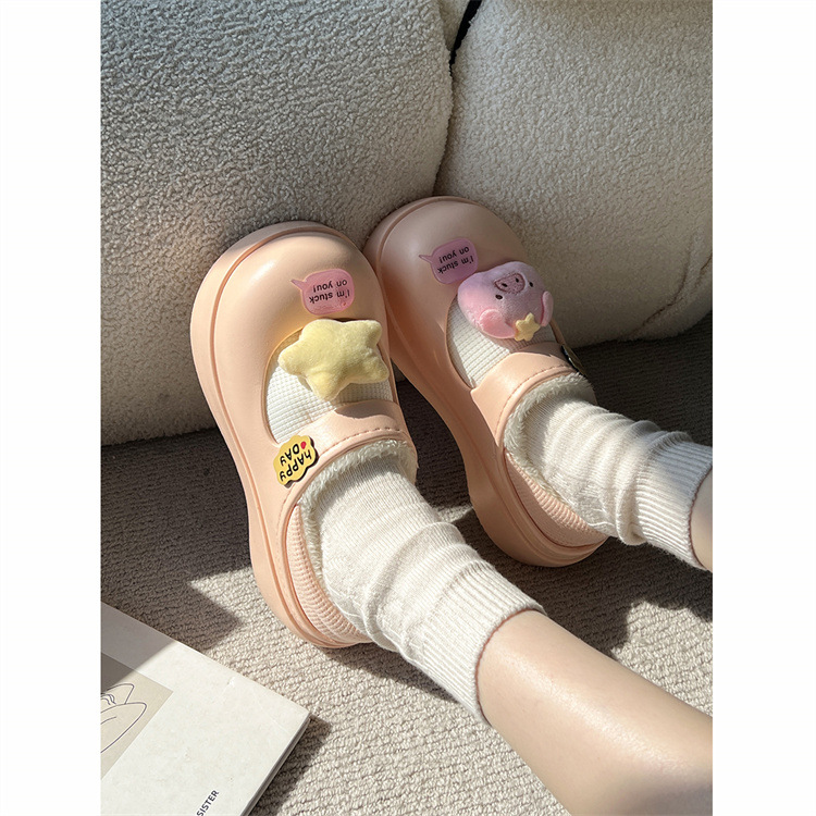Soft And Cute Little Pig Plush Cotton Shoes For Women In Autumn And Winter,Can Be Worn Outside,Cartoon Girlish Thick-soled Heel Slippers