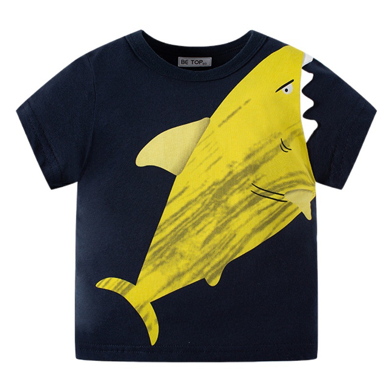 Verano de los niños de manga corta de dibujos animados tiburón impresión camiseta de los niños suéter de algodón camisa de bebé de moda de una sola pieza de entrega