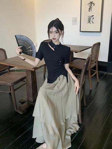 Chinese-style design sense irregular hollow short-sleeve top with high-waisted skirt women's summer two-piece set