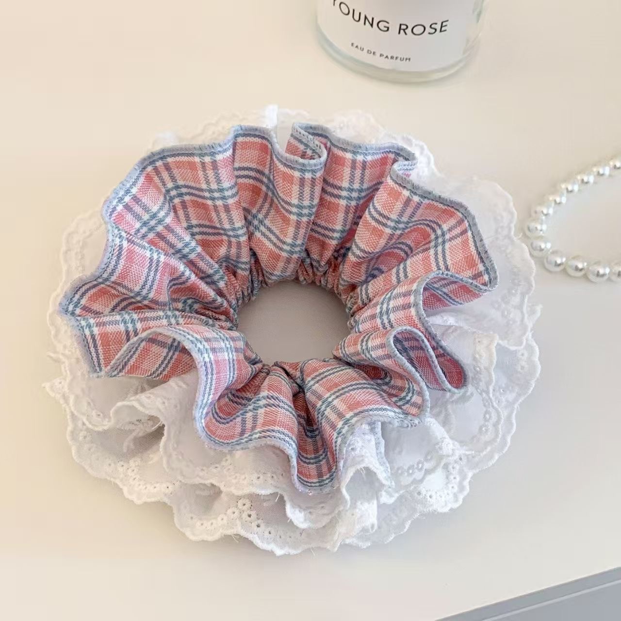 9#Preppy pink & blue color block gingham four-layer lace scrunchie - approx. 14cm