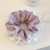 9#Preppy pink & blue color block gingham four-layer lace scrunchie - approx. 14cm