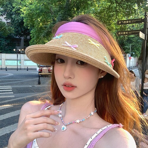Colorful butterfly knot sun hat with large brim beach vacation sweet girl open-top hat grass-woven sun protection commuting sun hat
