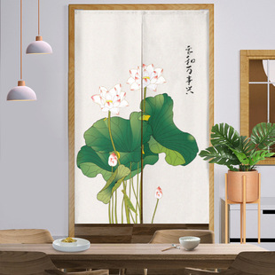 Foreign Trade National Style Watercolor Lotus Door Curtain Fabric Hanging Curtain Punch-free Living Room Kitchen Partition Curtain Shoe Cabinet Hanging Cloth