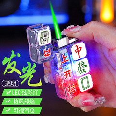 Pair of dice flashing green flame mahjong red middle fortune transparent lighter inflatable windproof tech sense gift for men