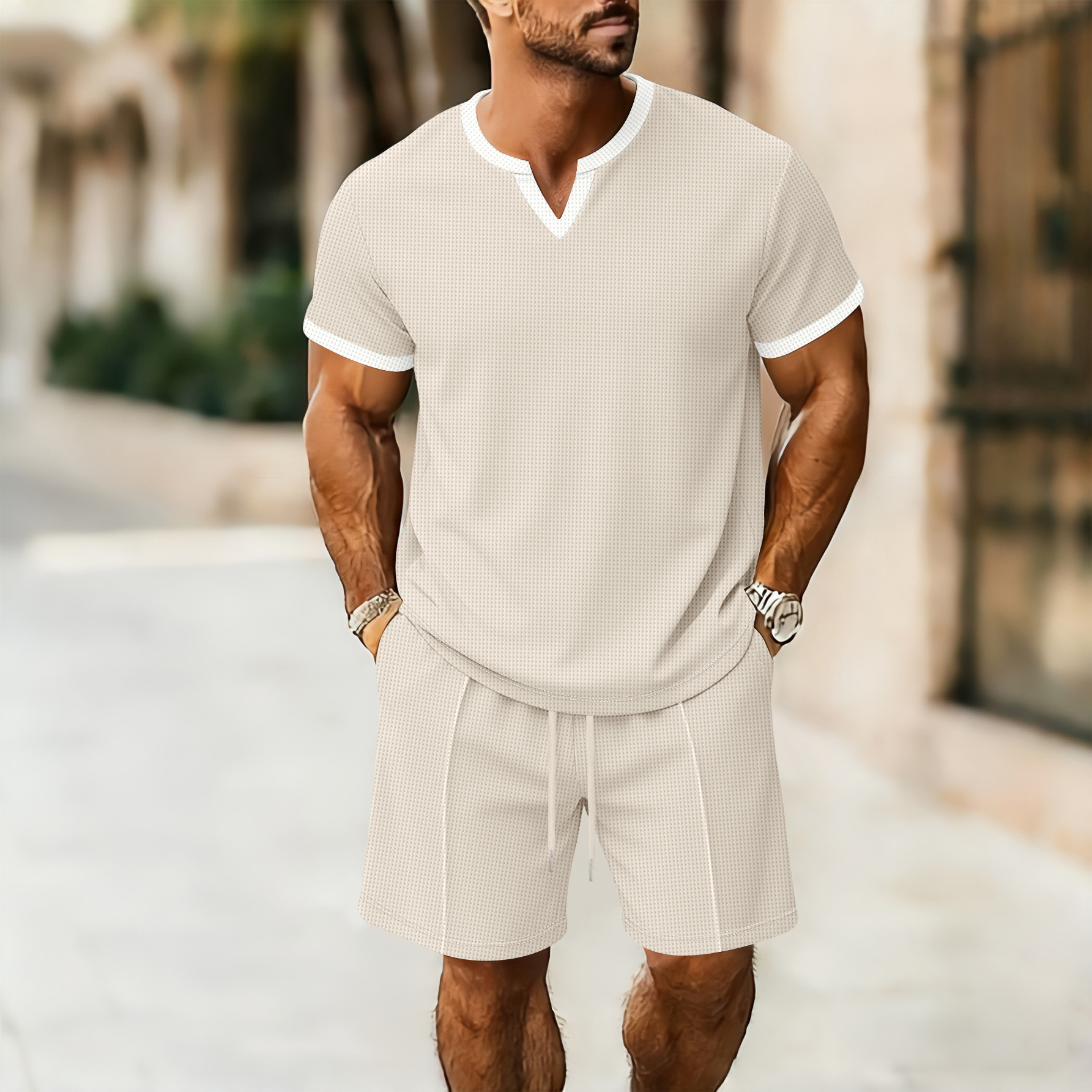Herren Waffelstrick V-ausschnitt Set Mit T-shirt Und Kurzer Hose_voghion.com